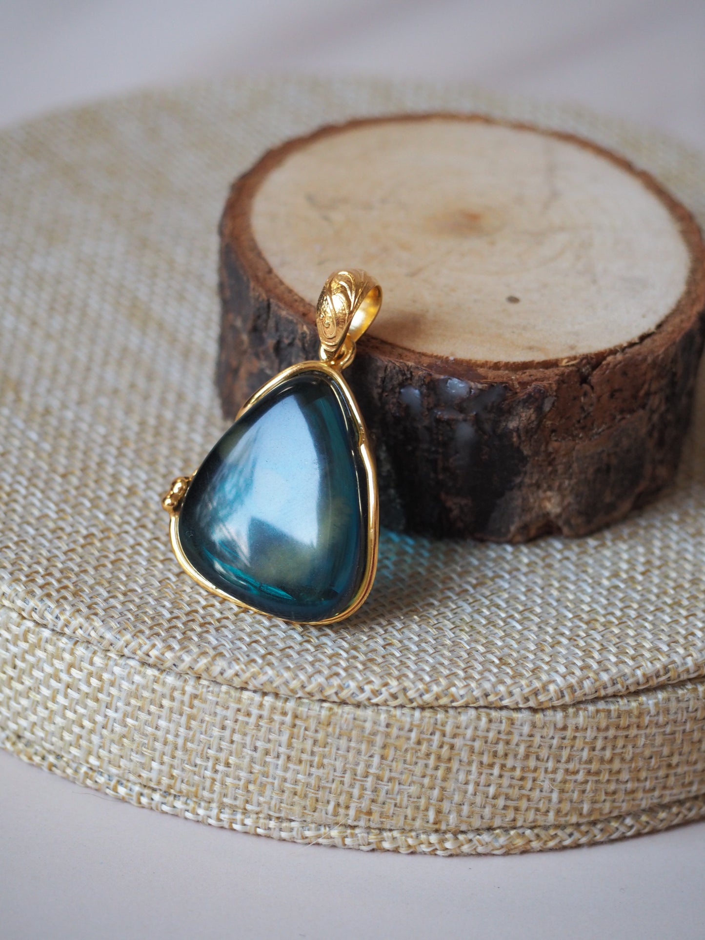 Blue/ Milk Amber Gold Pleated Pendant