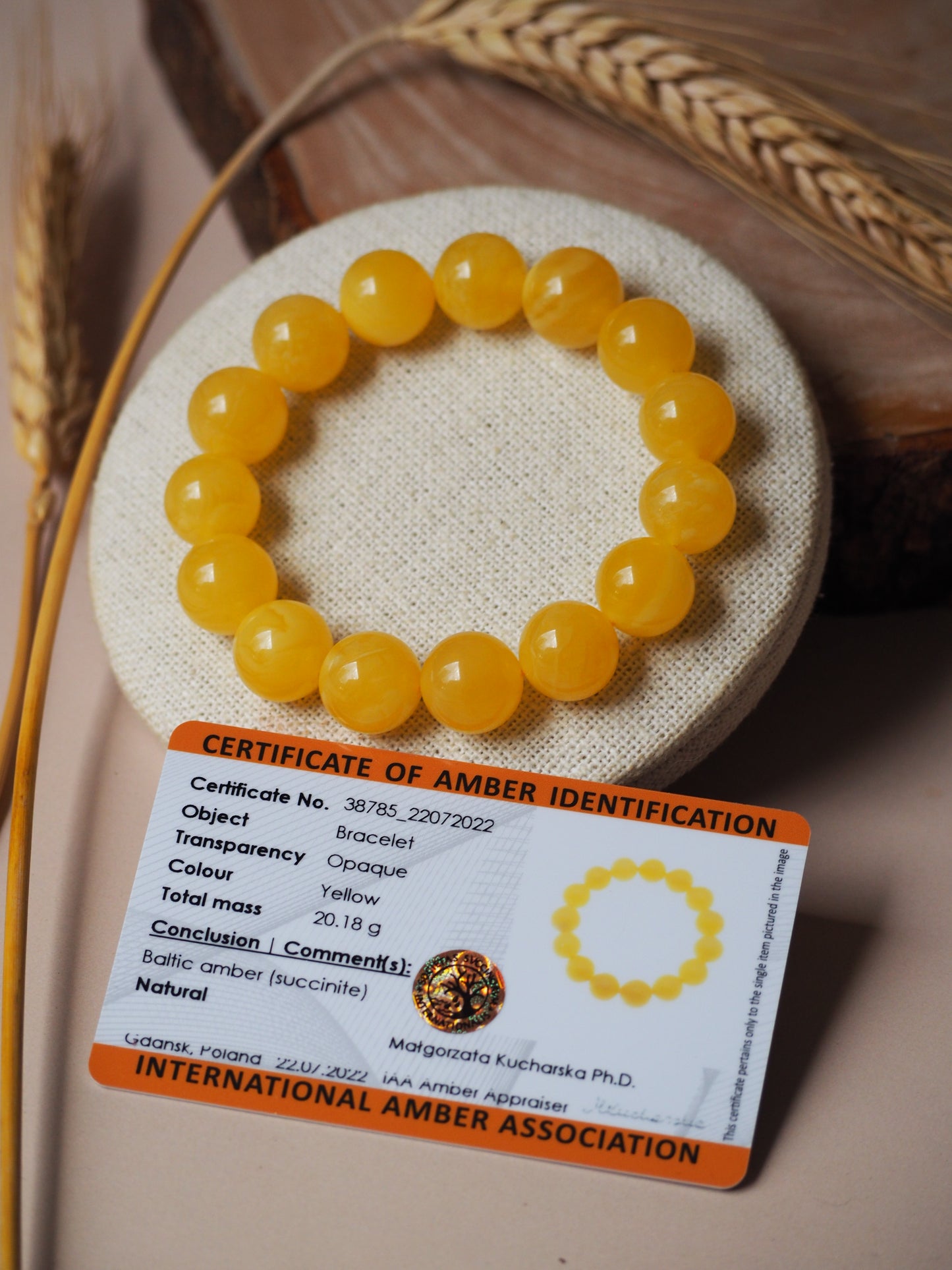 Natural Butterscotch Amber Beaded Bracelet 13mm + Certificate