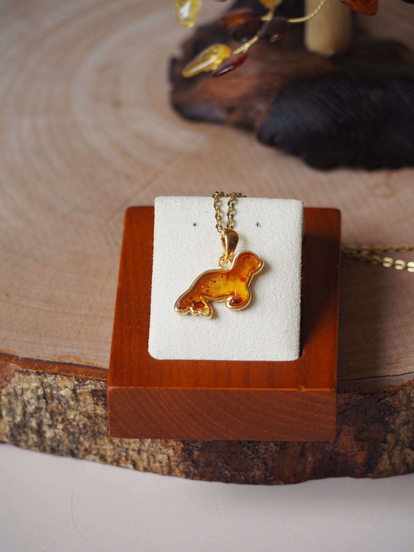 Gold Pleated Cognac Amber "Seal" Pendant