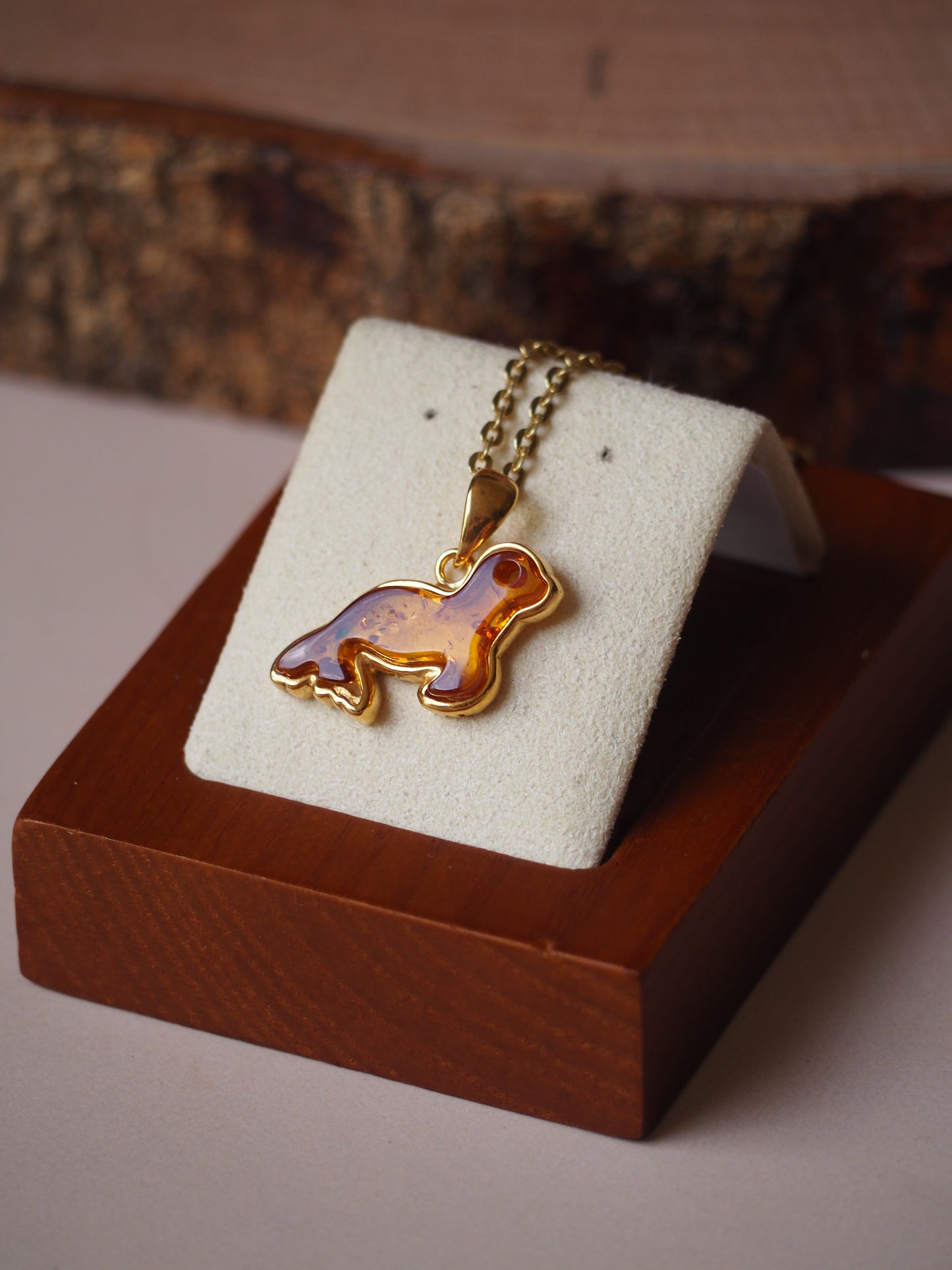 Gold Pleated Cognac Amber "Seal" Pendant