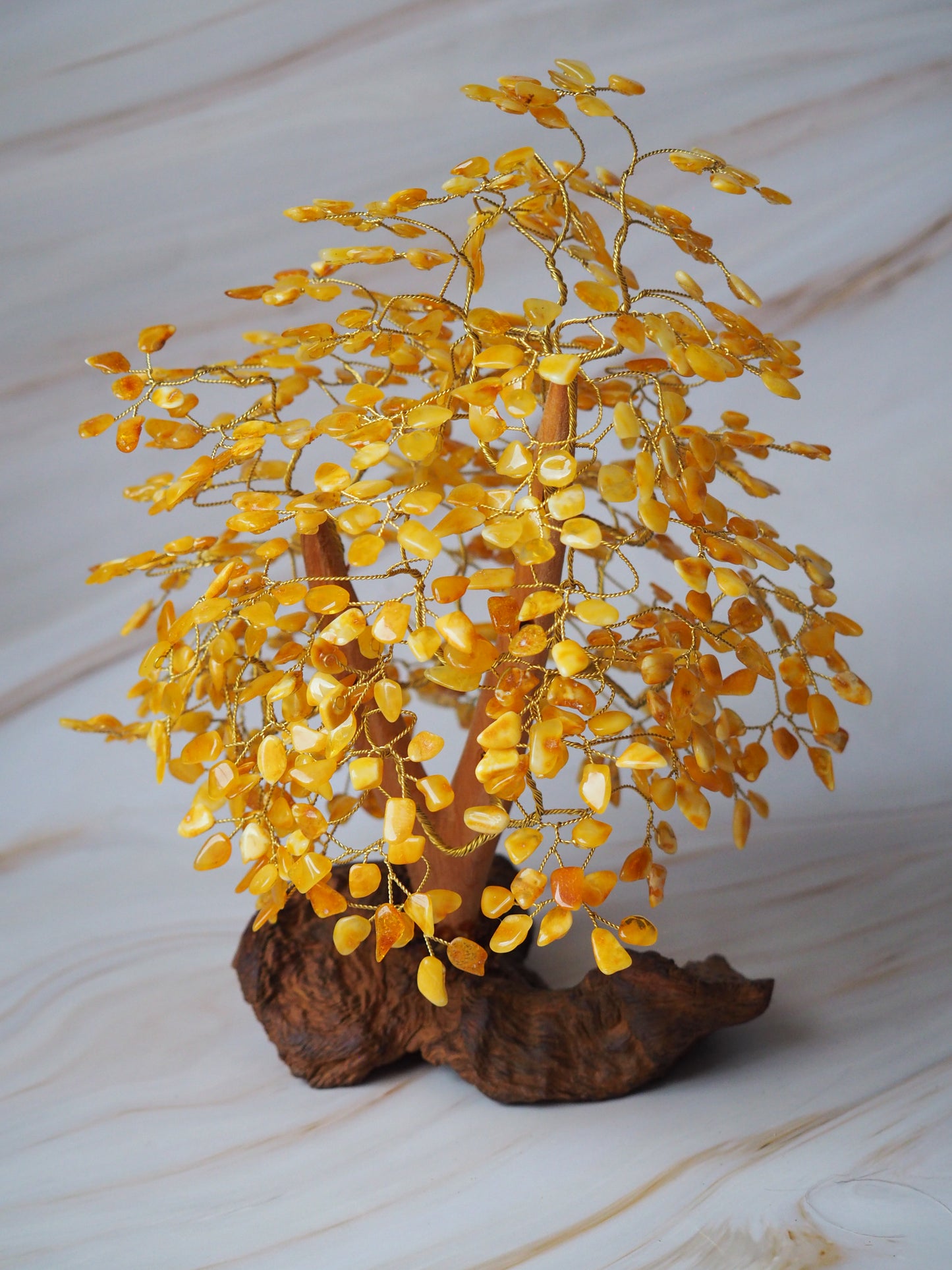 Big Handmade Natural Butterscotch Amber Lucky Tree with Drift Wood and Brass