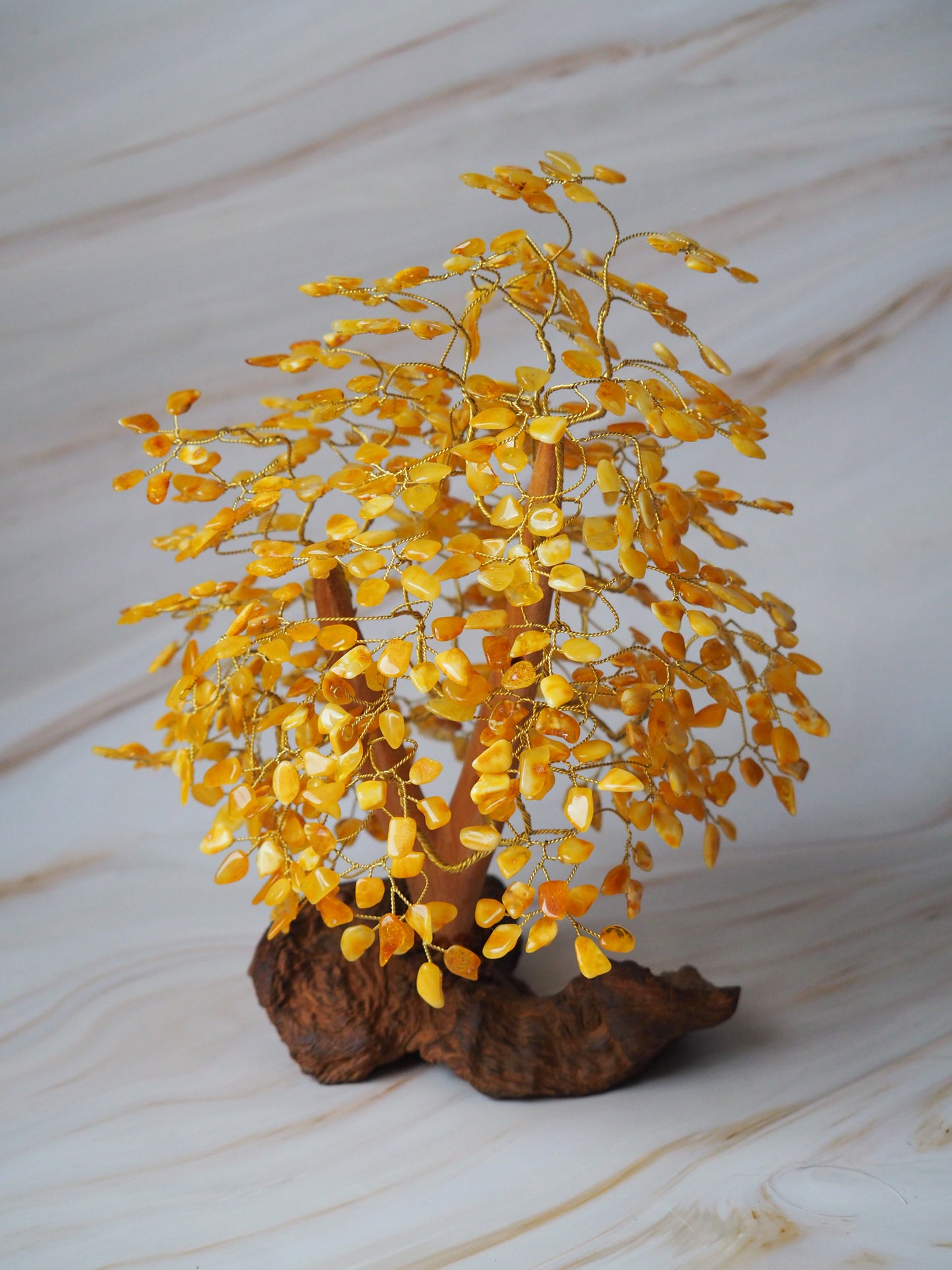 Big Handmade Natural Butterscotch Amber Lucky Tree with Drift Wood and Brass