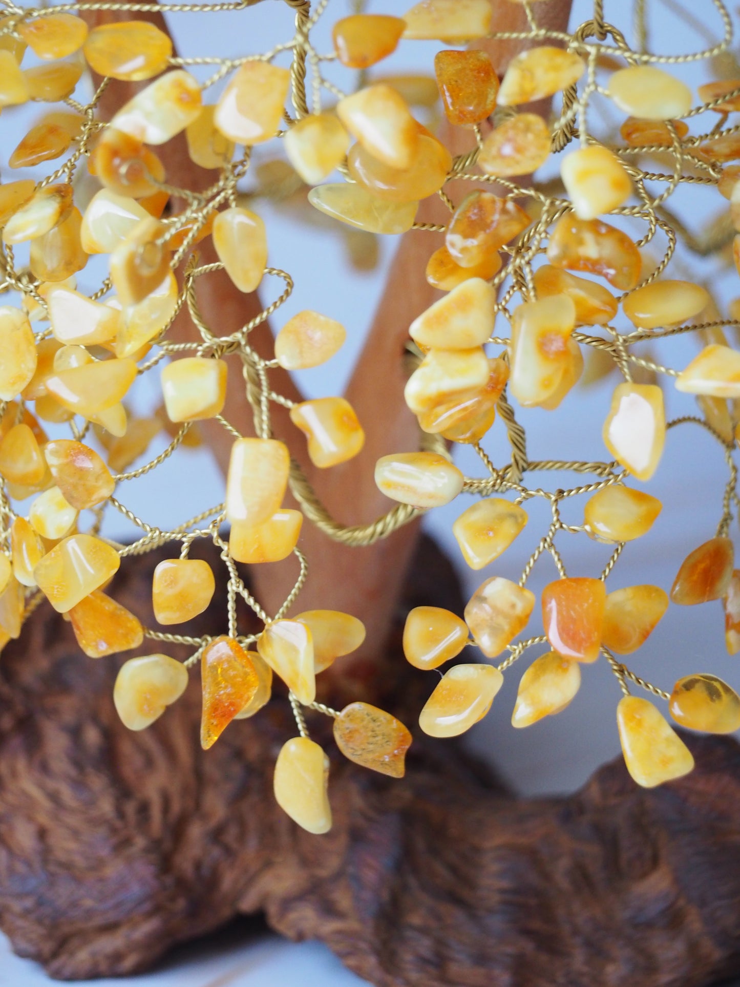 Big Handmade Natural Butterscotch Amber Lucky Tree with Drift Wood and Brass