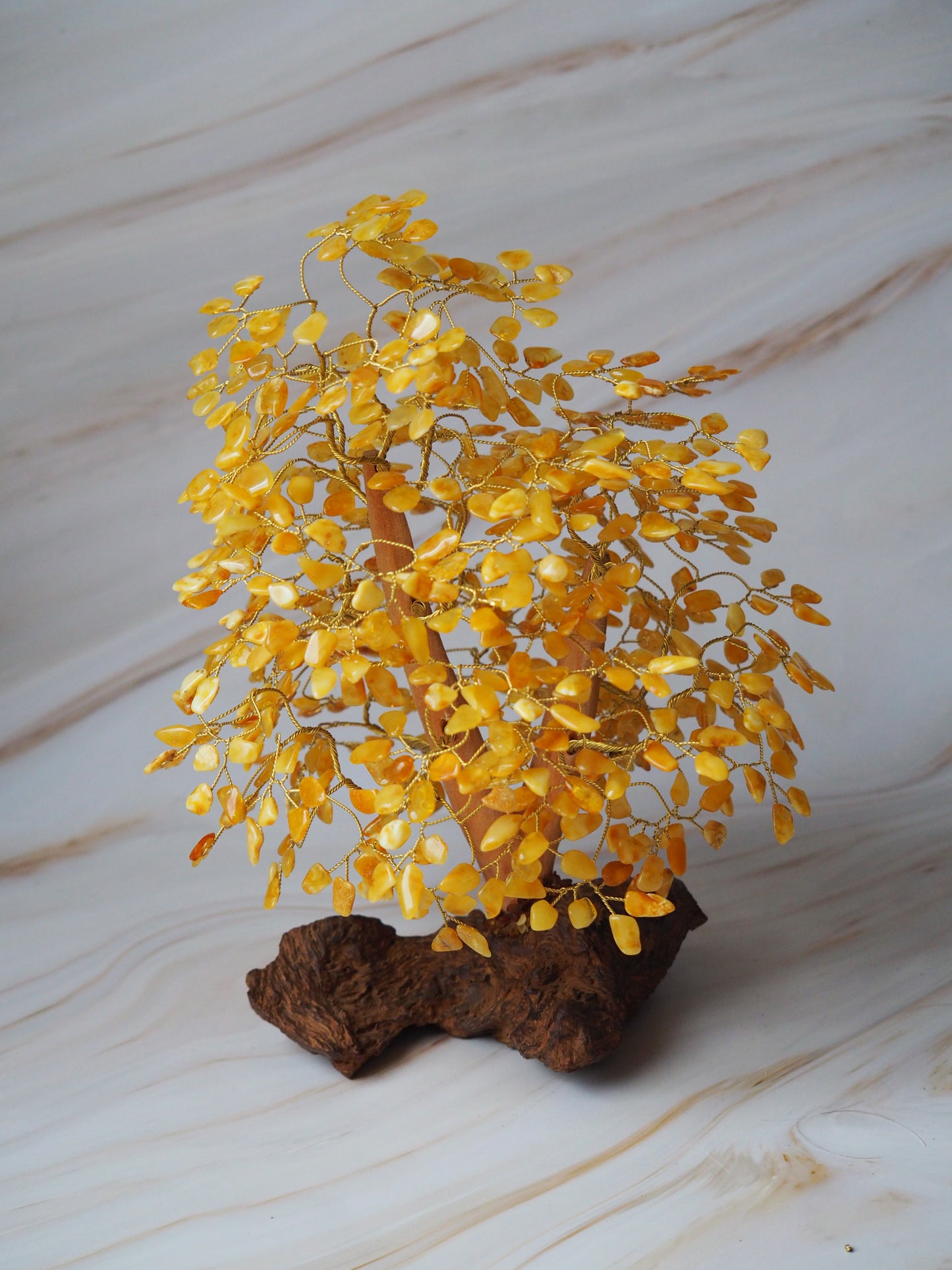 Big Handmade Natural Butterscotch Amber Lucky Tree with Drift Wood and Brass