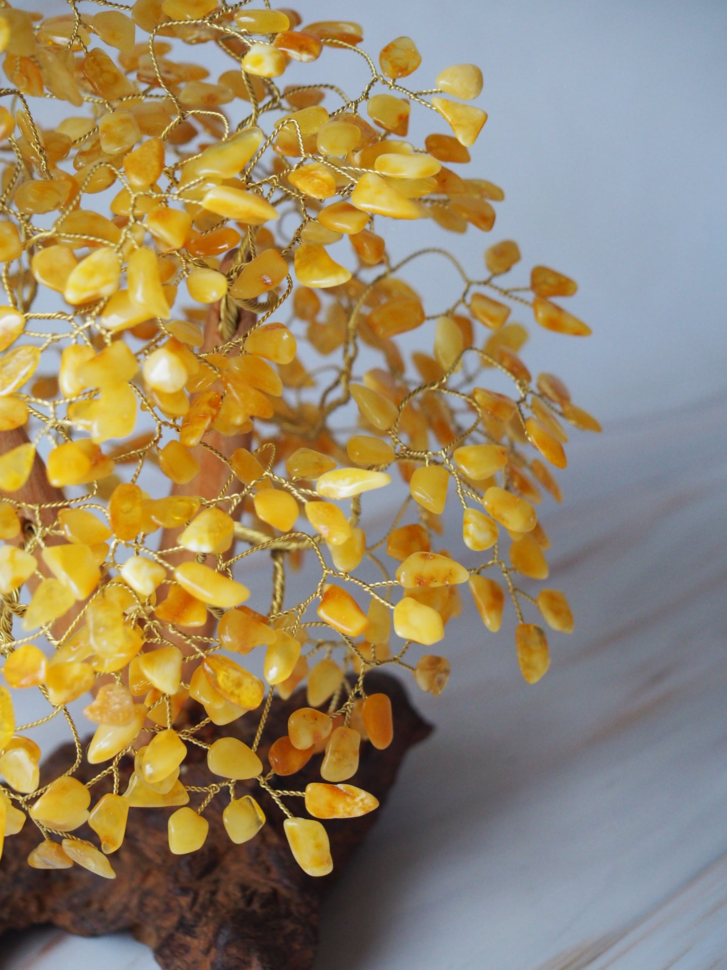 Big Handmade Natural Butterscotch Amber Lucky Tree with Drift Wood and Brass