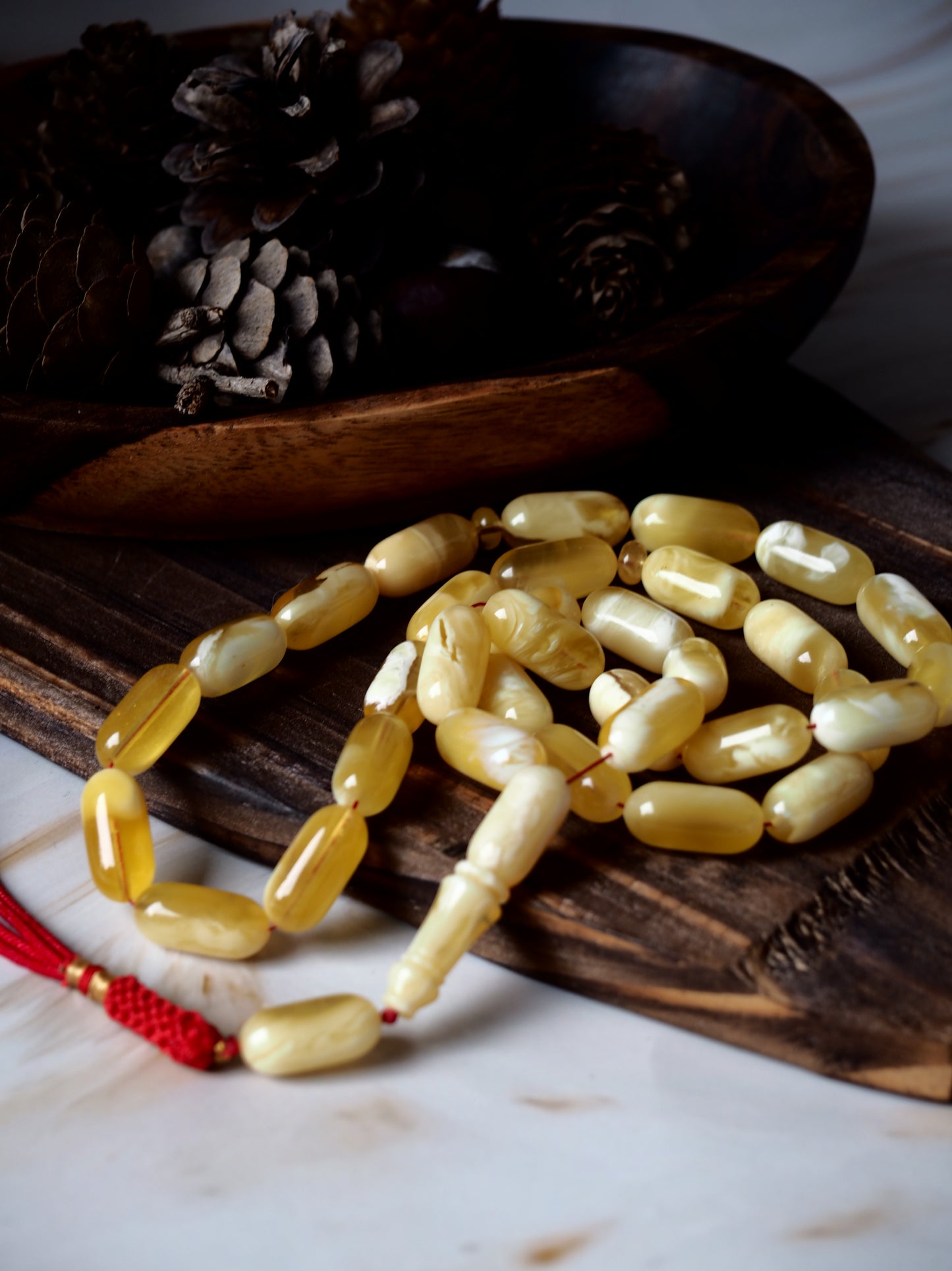Unique Natural Royal White Amber Barrel Shape Rosary Prayer Beads