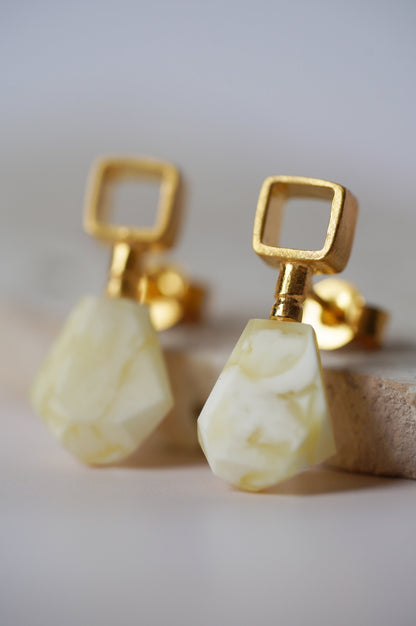 Geometrical Shaped Royal White Matt Amber Earrings in Gold Plated Silver