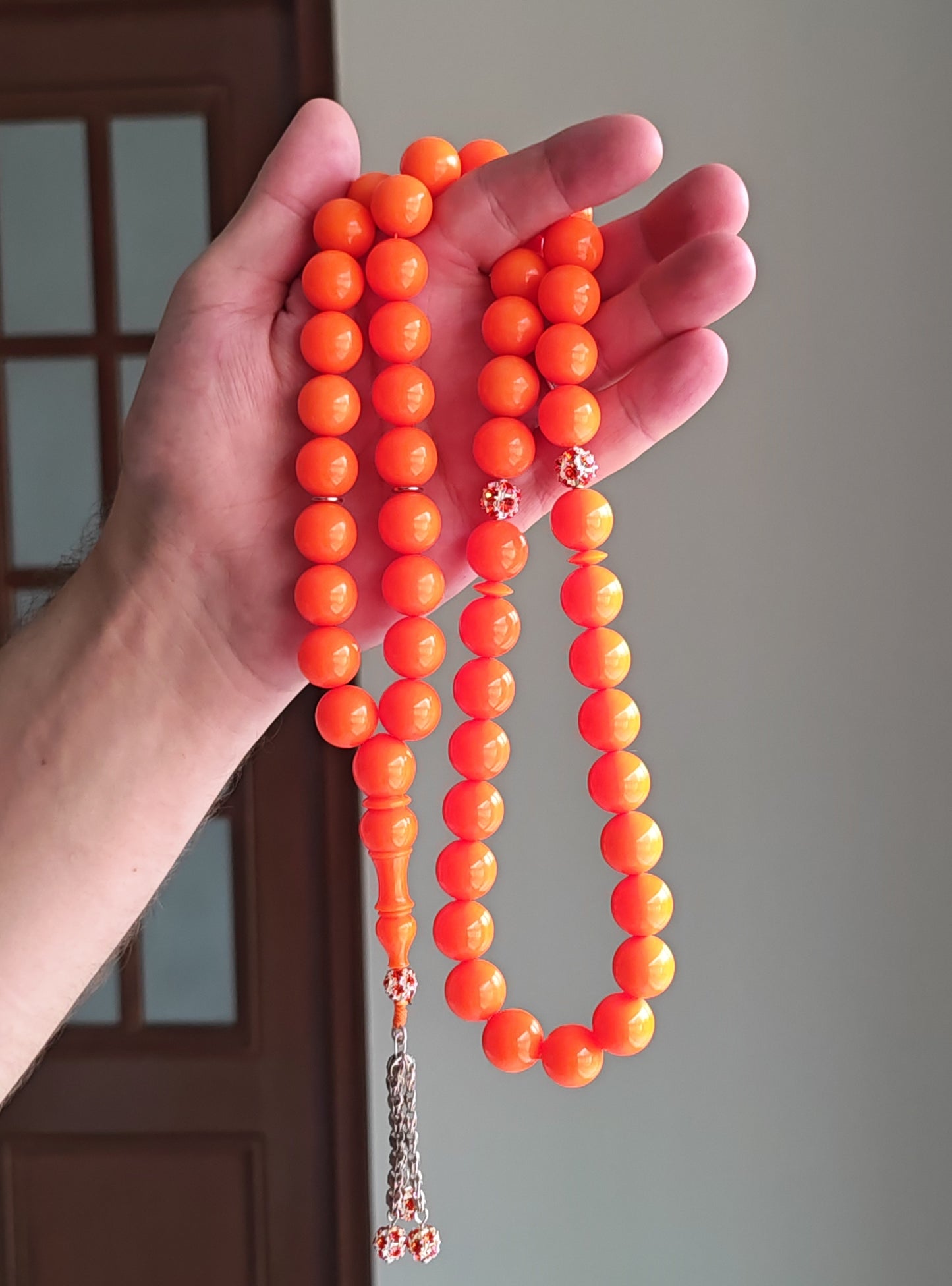 Neon Orange American Bakelite Tasbih | 51 Round Beads | 15.2mm Jumbo | Bowling Ball Origin | 139.3g
