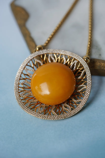 RUNWAY PIECE Unique Huge Supertree Inspired Honey Amber Pendant with Cubic Zirconias