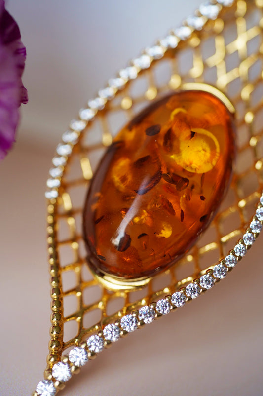 Marquise Shape Pendant with Natural Cognac Amber and Cubic Zirconias in Gold Plated Silver