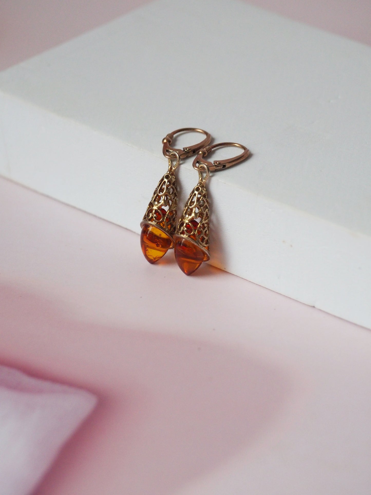 Moroccan Style Cognac Amber Drop Mesh Earrings in Gold Plated Silver