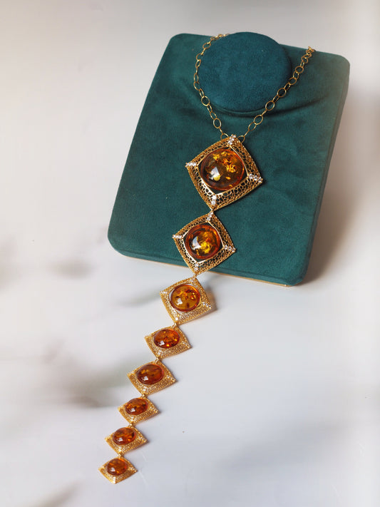 Unique Square Long Necklace with Cognac Amber and Cubic Zirconias in Gold Plated Silver