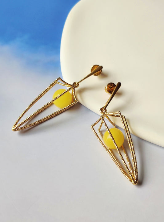 Geometric Cage Earrings With Butterscotch Amber And Gold Plated Silver