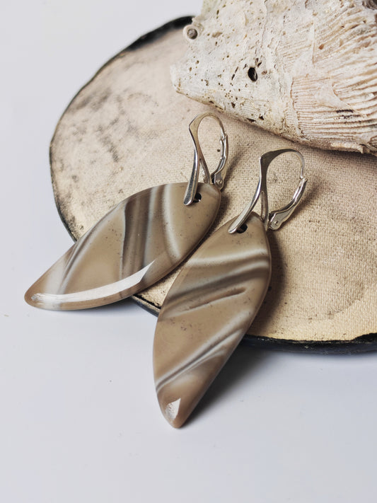 Striped Flint Leaf Earrings | Natural Stone & Silver Clasps