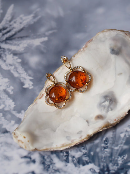 Delicate Flower Shaped Cognac Amber Earrings with Cubic Zirconia in Gold Plated Silver