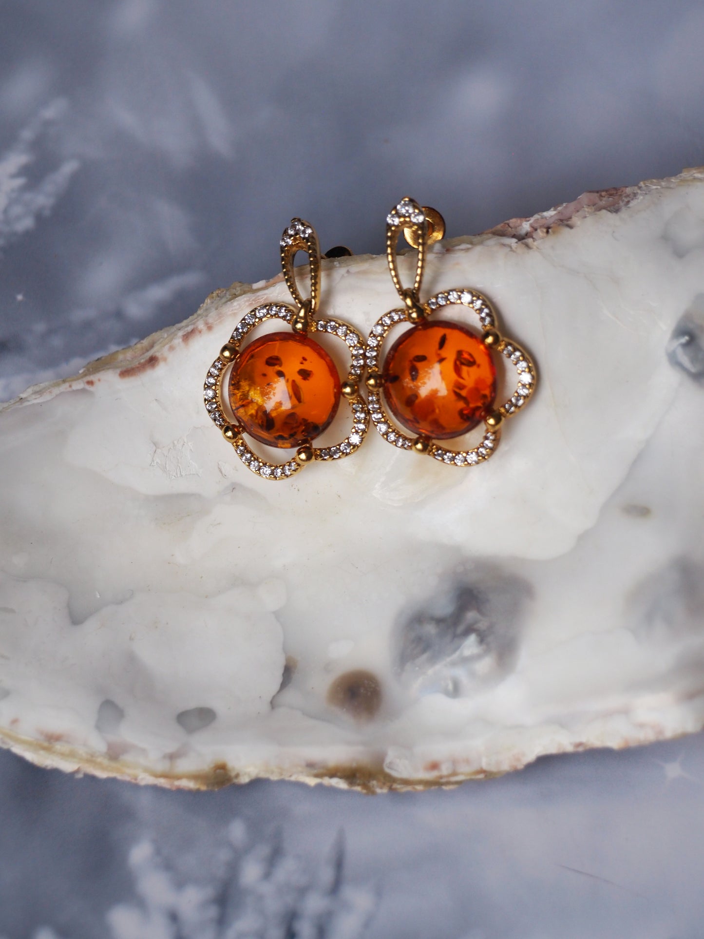 Delicate Flower Shaped Cognac Amber Earrings with Cubic Zirconia in Gold Plated Silver