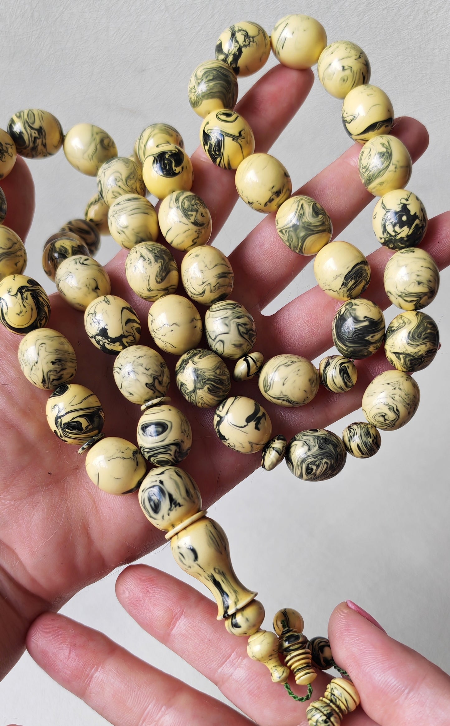 Vintage Milky "Chernobyl" Bakelite Misbah 47 Beads Pigeon Egg