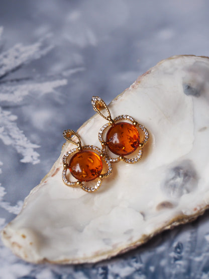 Delicate Flower Shaped Cognac Amber Earrings with Cubic Zirconia in Gold Plated Silver