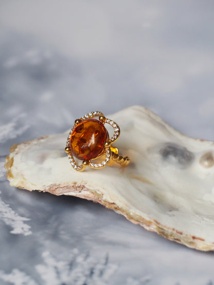 Delicate Flower Shaped Cognac Amber Ring with Cubic Zirconia in Gold Plated Silver