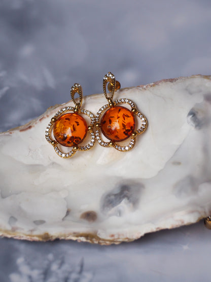 Delicate Flower Shaped Cognac Amber Earrings with Cubic Zirconia in Gold Plated Silver