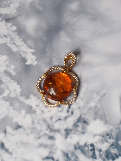 Delicate Flower Shaped Cognac Amber Pendant with Cubic Zirconia in Gold Plated Silver