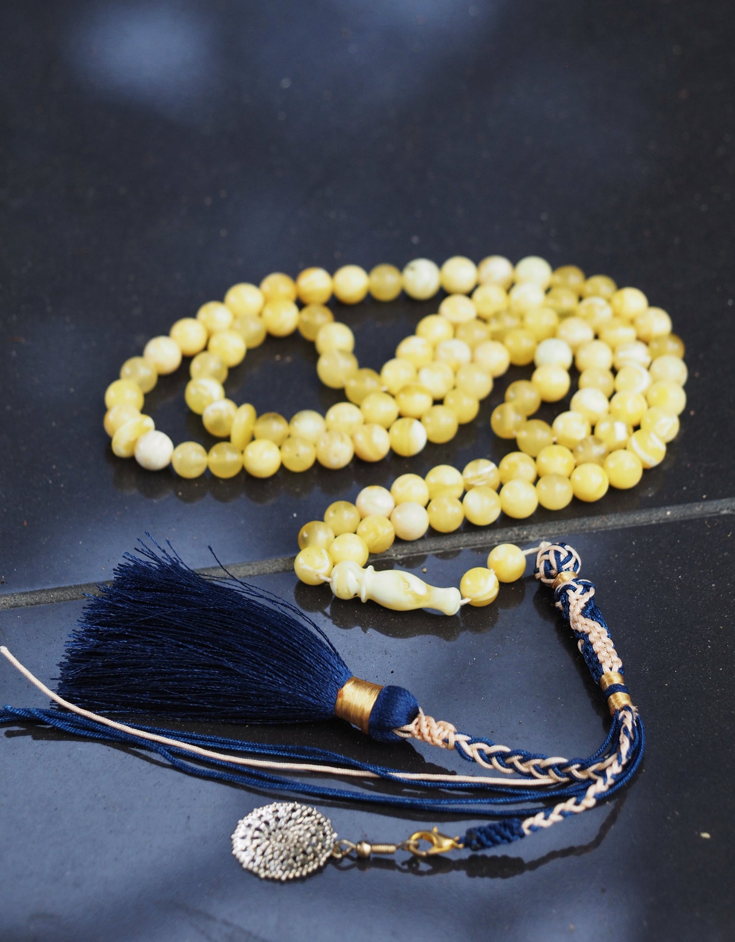 Unique Natural Royal White Amber Rosary 7mm with Handmade Tassel 99 Beads