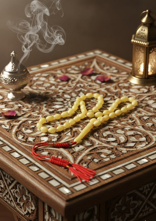 Light Milk Amber Misbah – 66 Olive Beads
