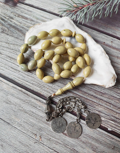 Vintage Chernobyl Bakelite Misbah 33 Beads – Light Bakelite Tasbih, 925 Silver Tassel