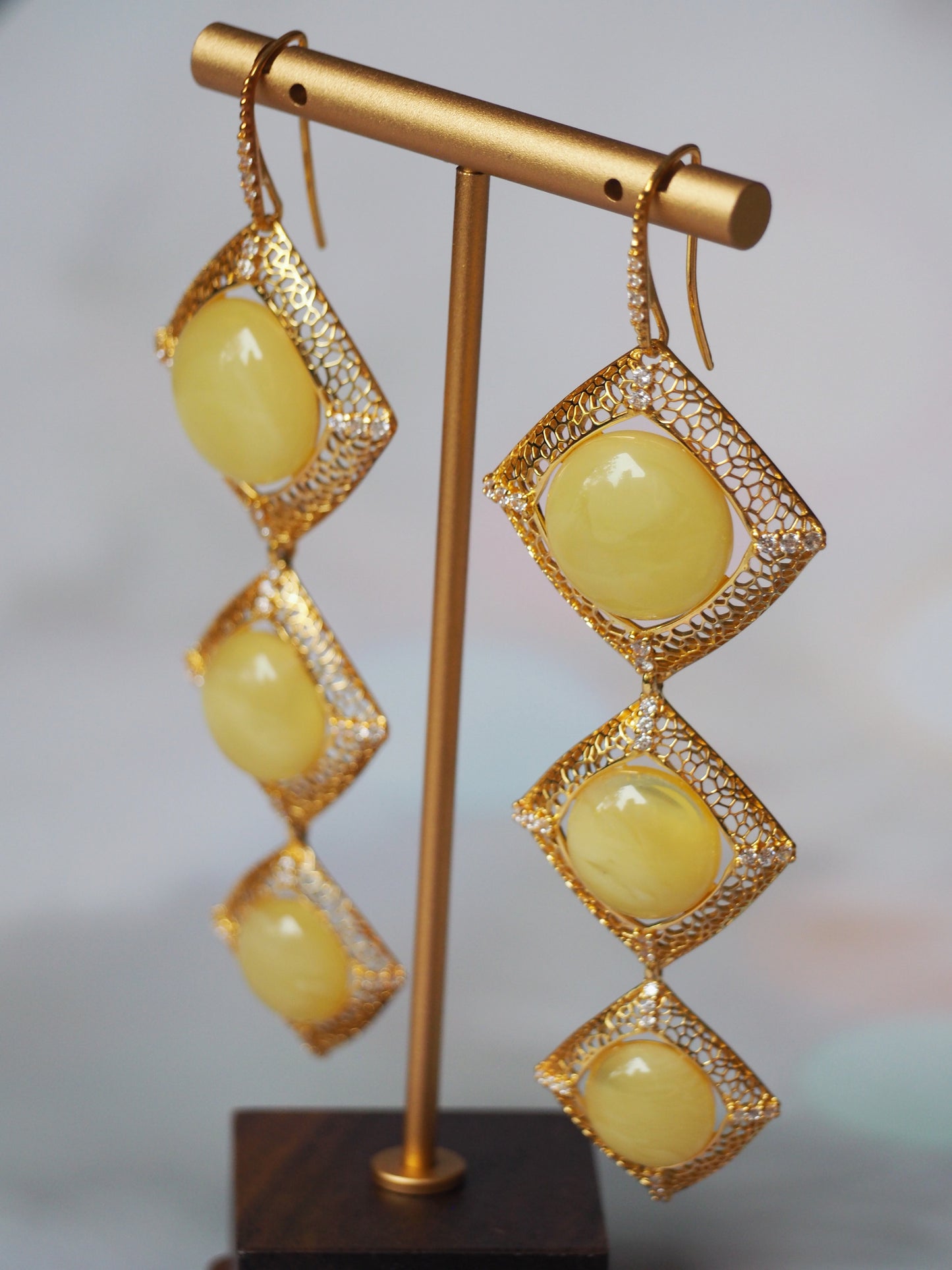 Butterscotch Amber Triple Square Dangling Earrings with Zirconia in Gold Plated Silver