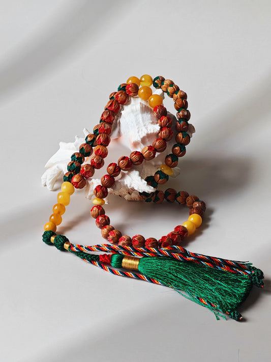 Handcarved Cherry Wood & Aged Butterscotch Amber Tasbih – 66 Beads