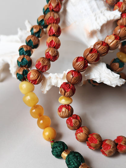Handcarved Cherry Wood & Aged Butterscotch Amber Tasbih – 66 Beads