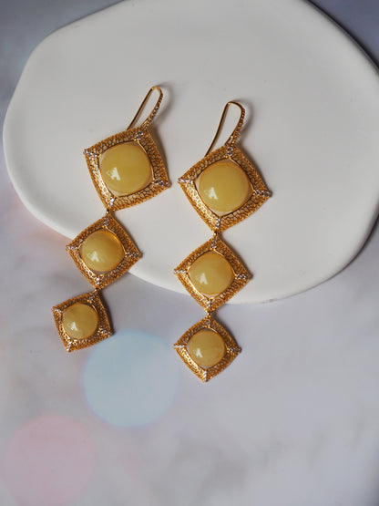 Butterscotch Amber Triple Square Dangling Earrings with Zirconia in Gold Plated Silver