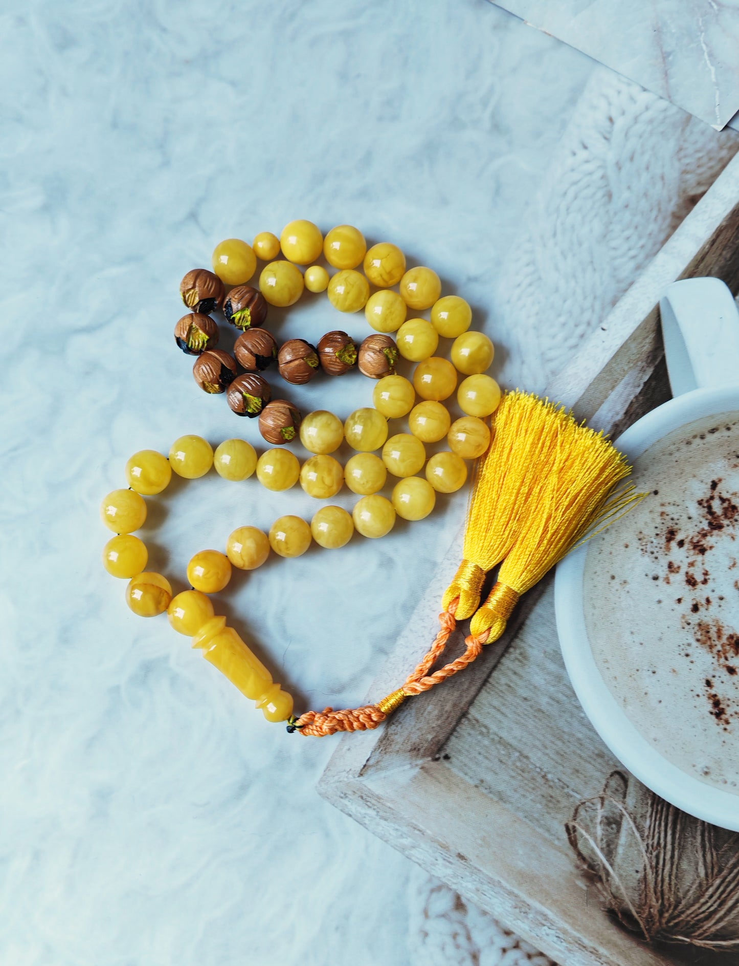 Natural Butterscotch Amber & Hand-Painted Peach Wood Tasbih – 45 Beads