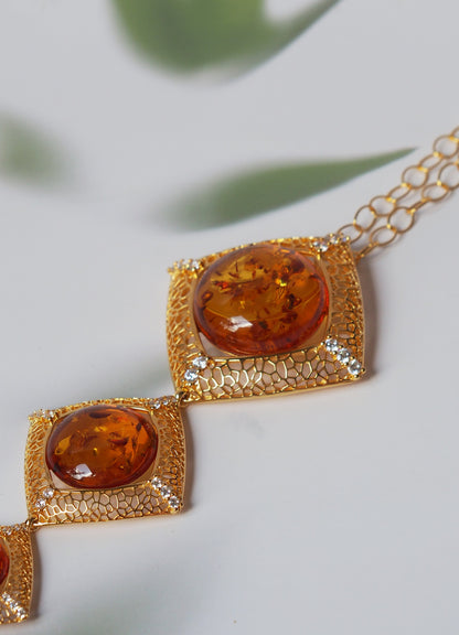 Unique Square Long Necklace with Cognac Amber and Cubic Zirconias in Gold Plated Silver