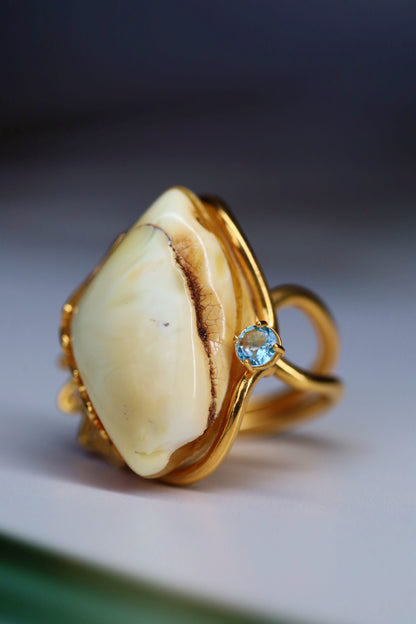 Royal White Amber Ring with Blue Topaz