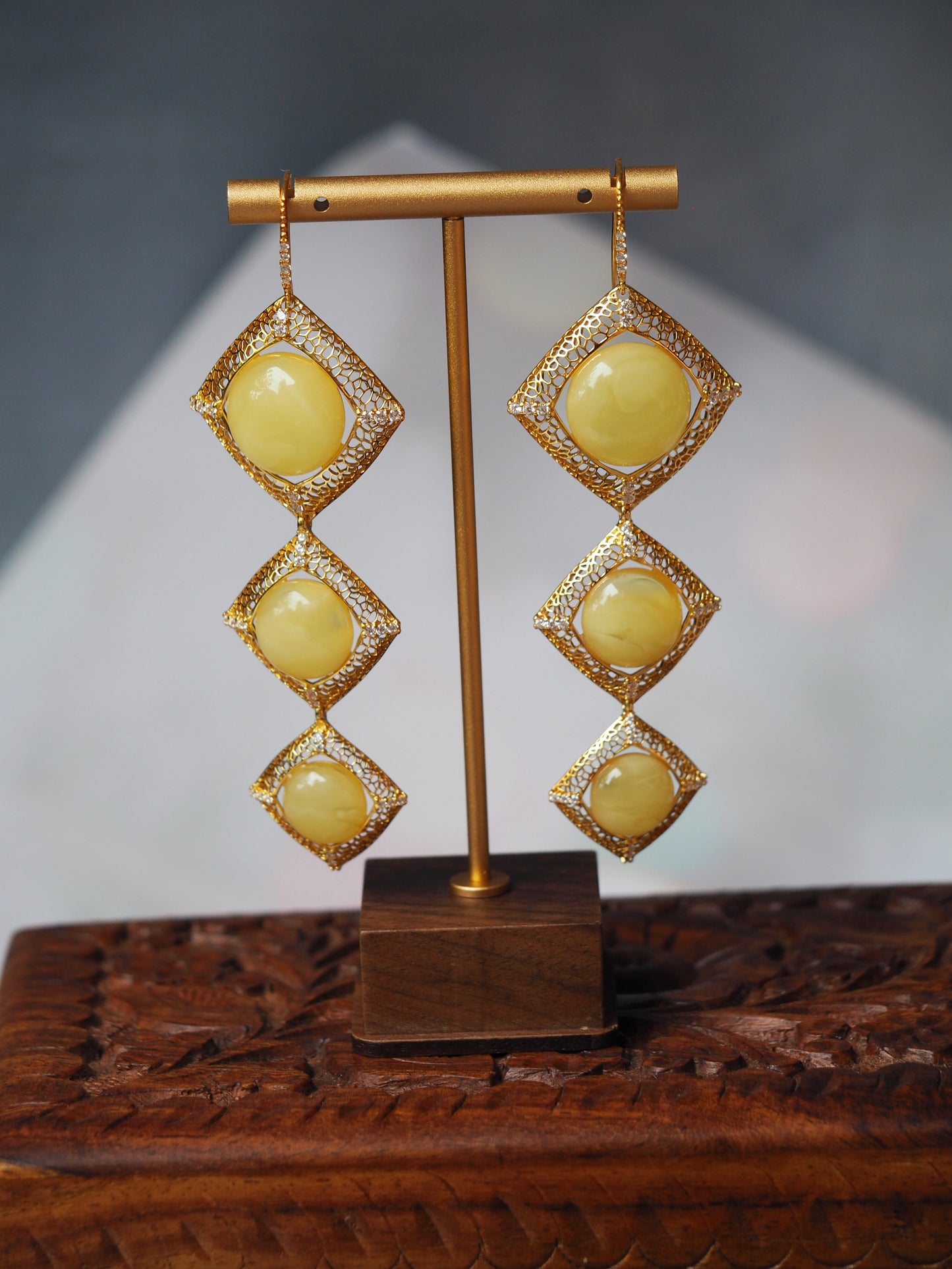 Butterscotch Amber Triple Square Dangling Earrings with Zirconia in Gold Plated Silver