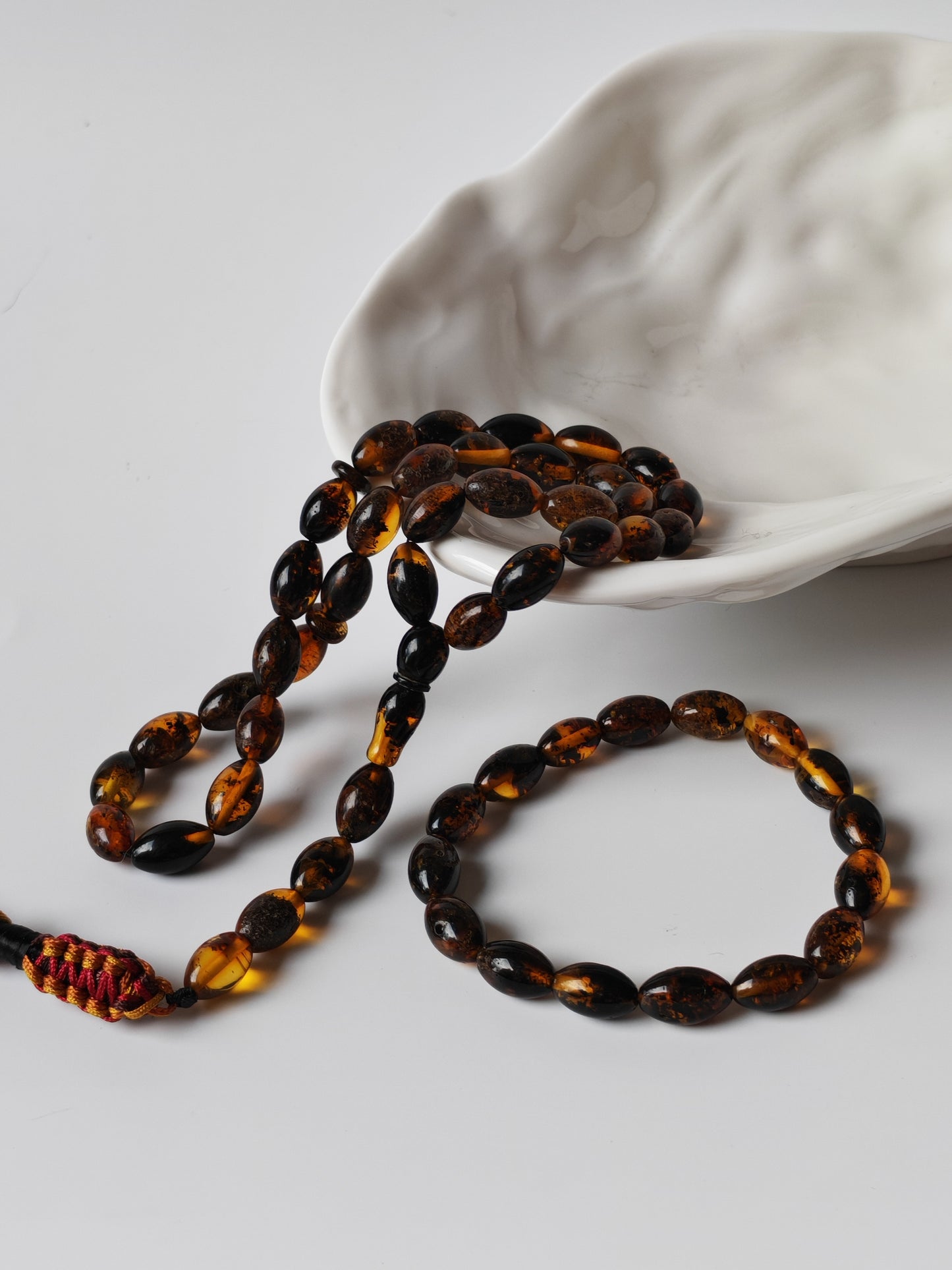 Dark Brown Sea Raw Amber Small Olive Shape Tasbih 33 Beads + Bracelet SET