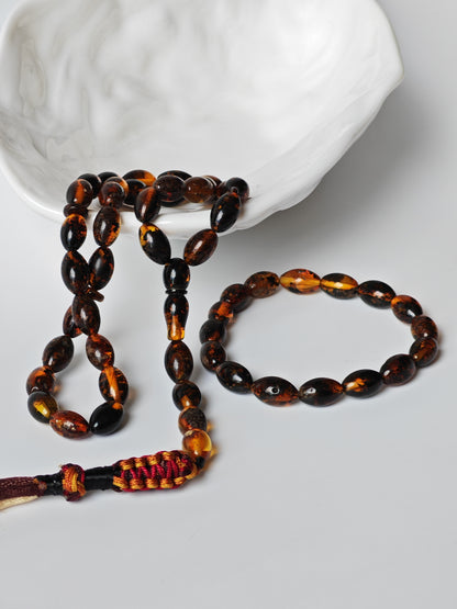 Dark Brown Sea Raw Amber Small Olive Shape Tasbih 33 Beads + Bracelet SET