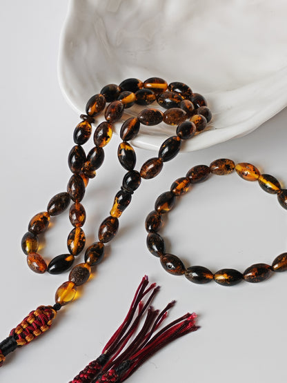 Dark Brown Sea Raw Amber Small Olive Shape Tasbih 33 Beads + Bracelet SET