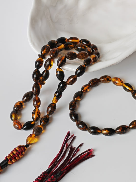 Dark Brown Sea Raw Amber Small Olive Shape Tasbih 33 Beads + Bracelet SET