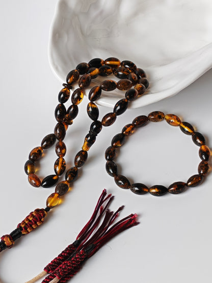 Dark Brown Sea Raw Amber Small Olive Shape Tasbih 33 Beads + Bracelet SET