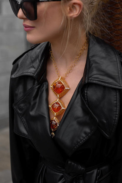 Unique Square Long Necklace with Cognac Amber and Cubic Zirconias in Gold Plated Silver