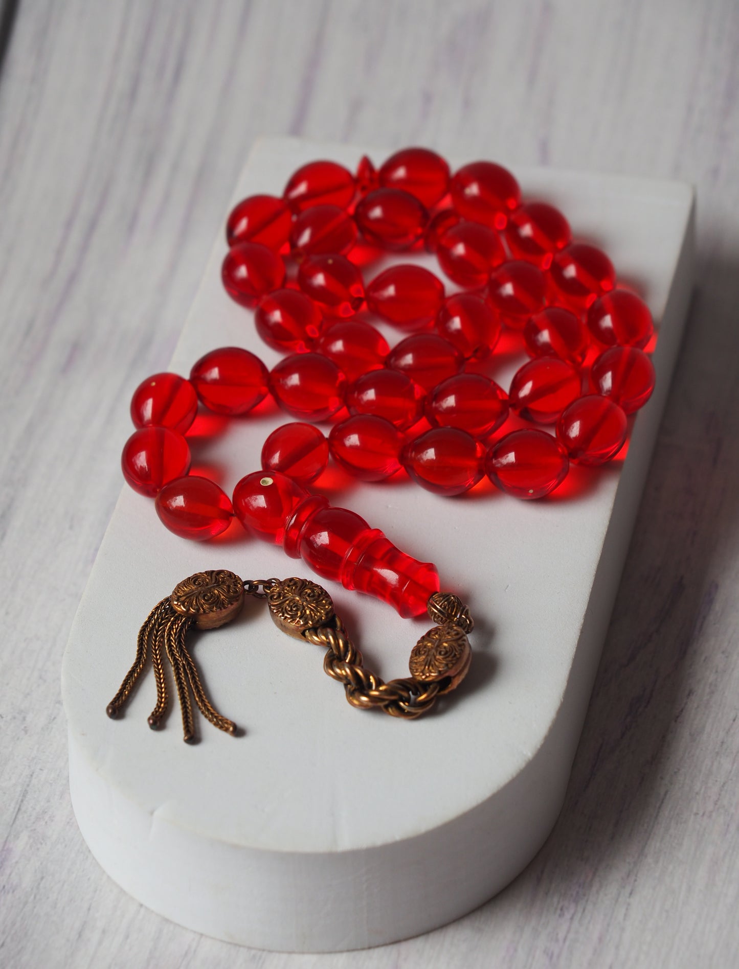 Red Olive Shaped Bakelite Rosary 33 Beads