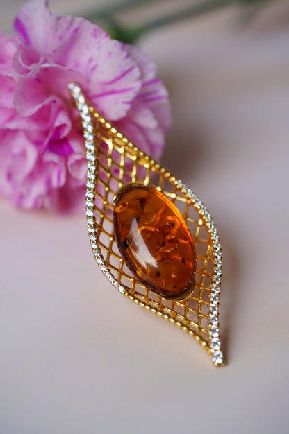 Marquise Shape Pendant with Natural Cognac Amber and Cubic Zirconias in Gold Plated Silver