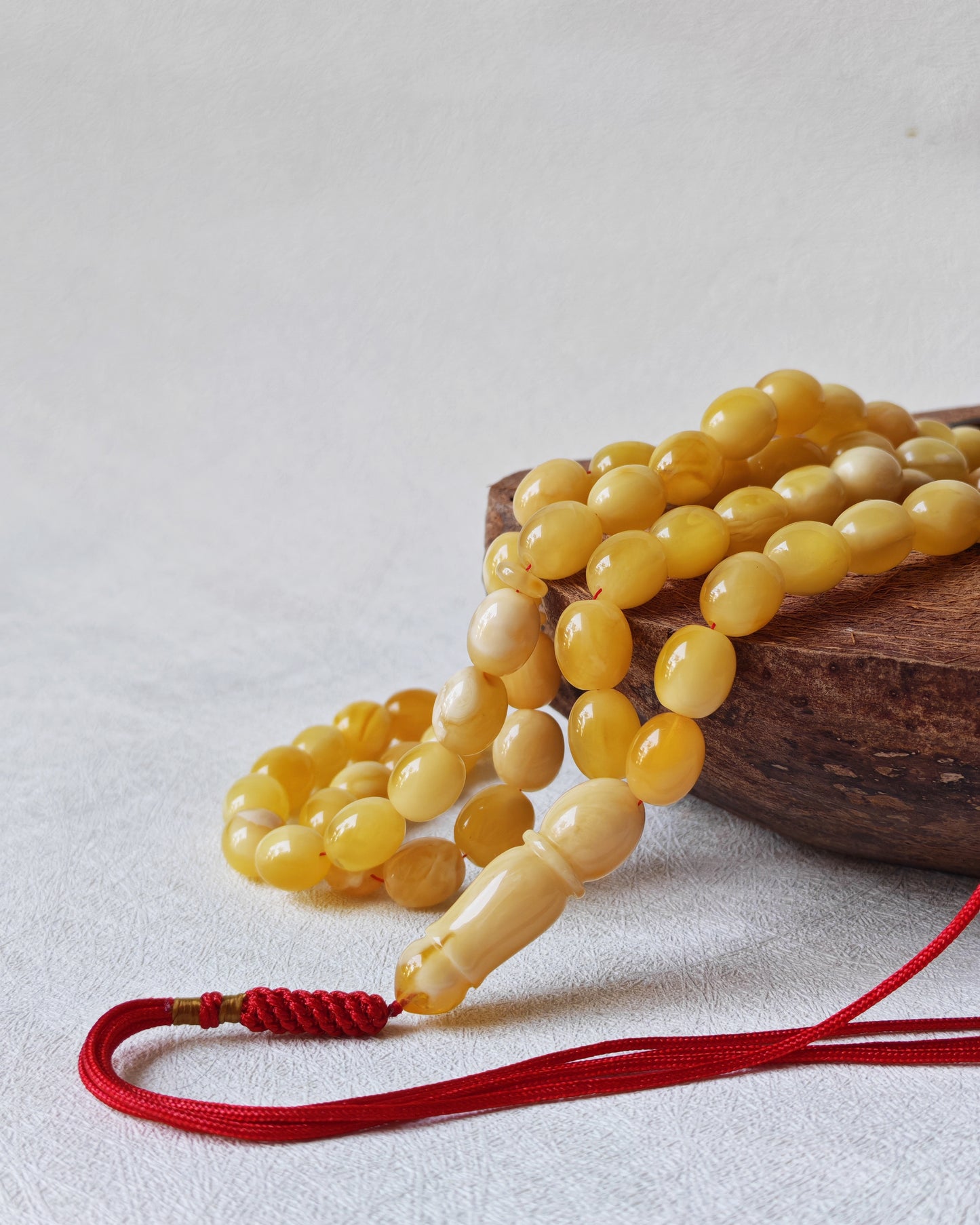 Royal White Mosaic Amber Rosary | 63 Pigeon Egg–Shaped Beads