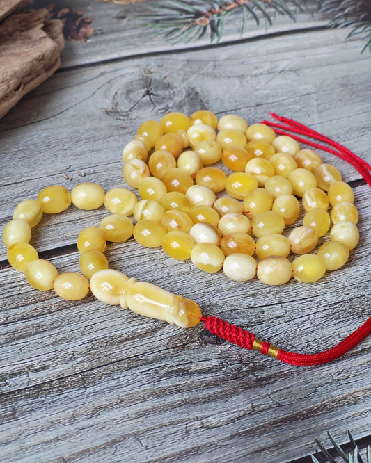 Royal White Mosaic Amber Rosary | 63 Pigeon Egg–Shaped Beads