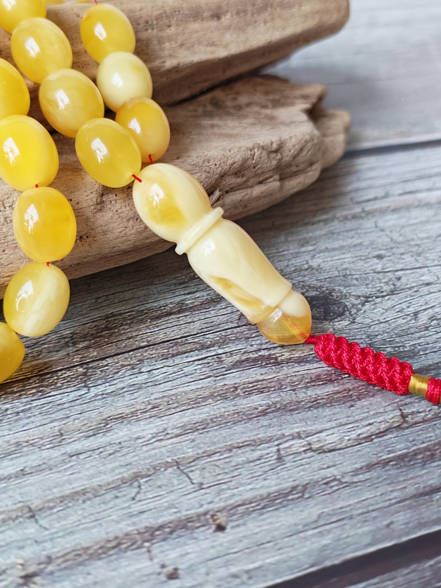 Royal White Mosaic Amber Rosary | 63 Pigeon Egg–Shaped Beads