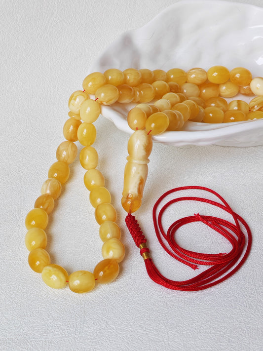 Butterscotch Marble Amber Rosary | 63 Pigeon Egg–Shaped Beads