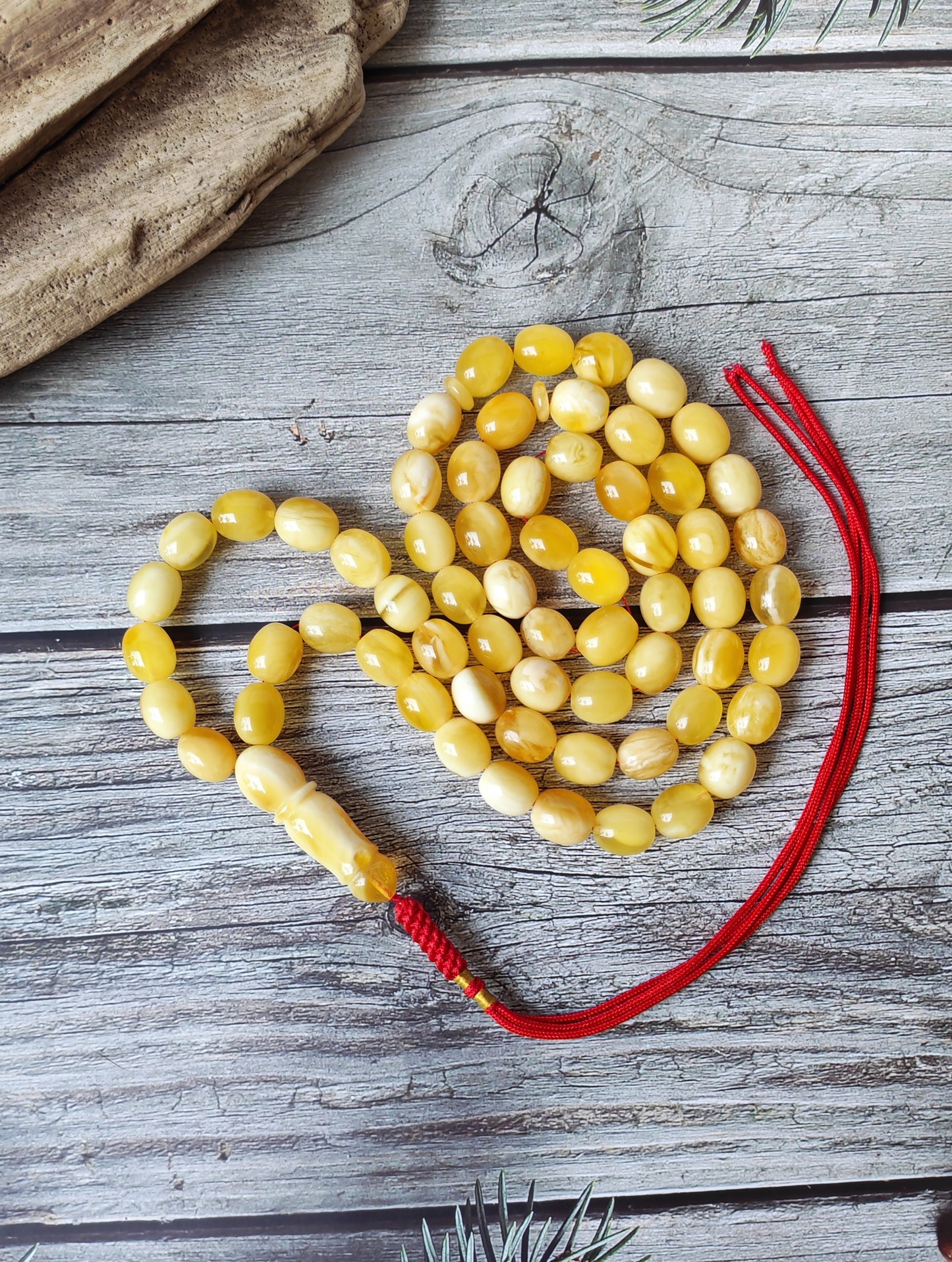 Royal White Mosaic Amber Rosary | 63 Pigeon Egg–Shaped Beads