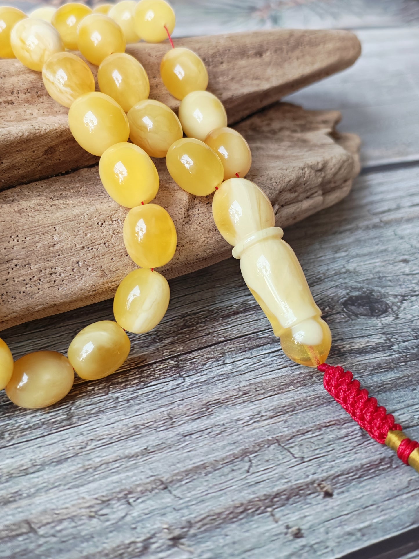Royal White Mosaic Amber Rosary | 63 Pigeon Egg–Shaped Beads